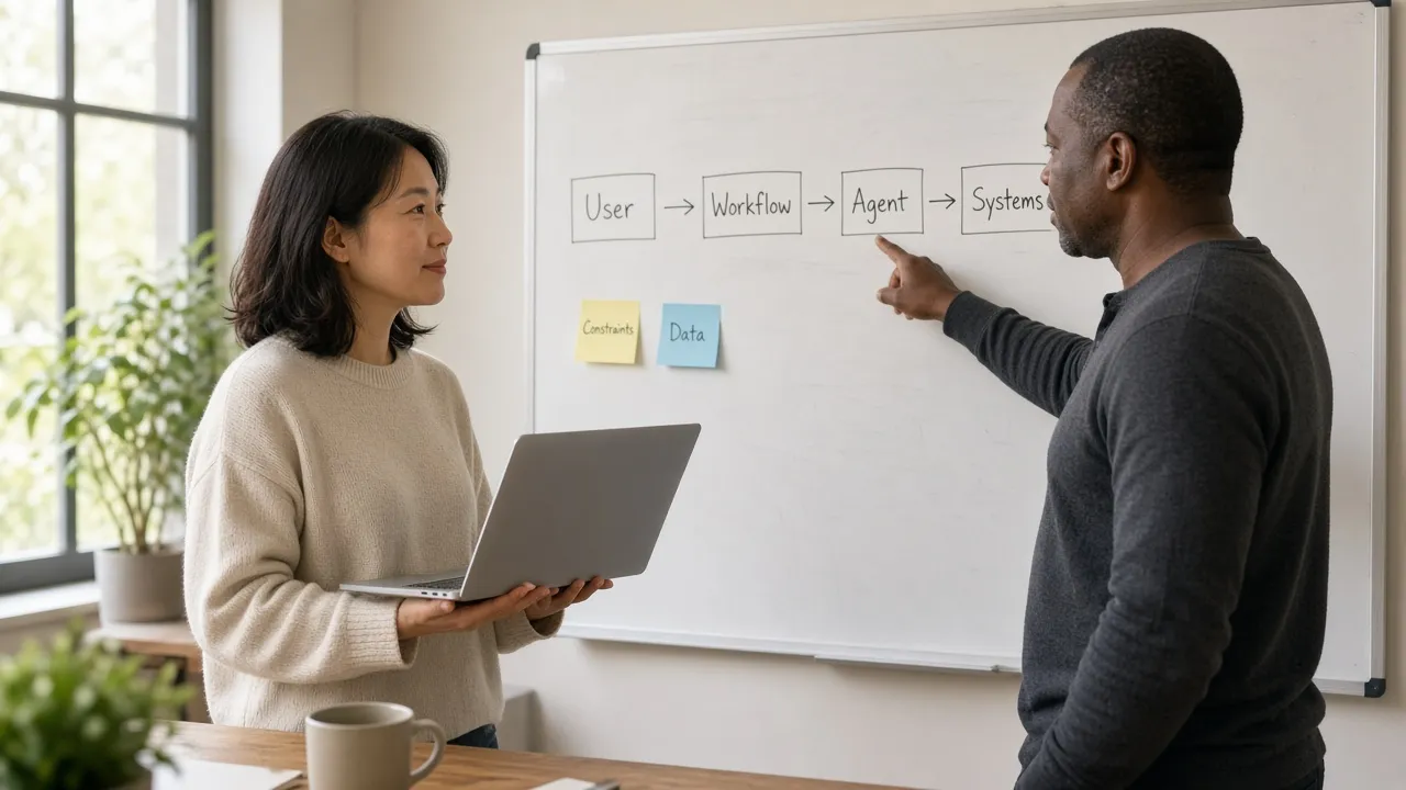 Team mapping a custom AI system on a whiteboard
