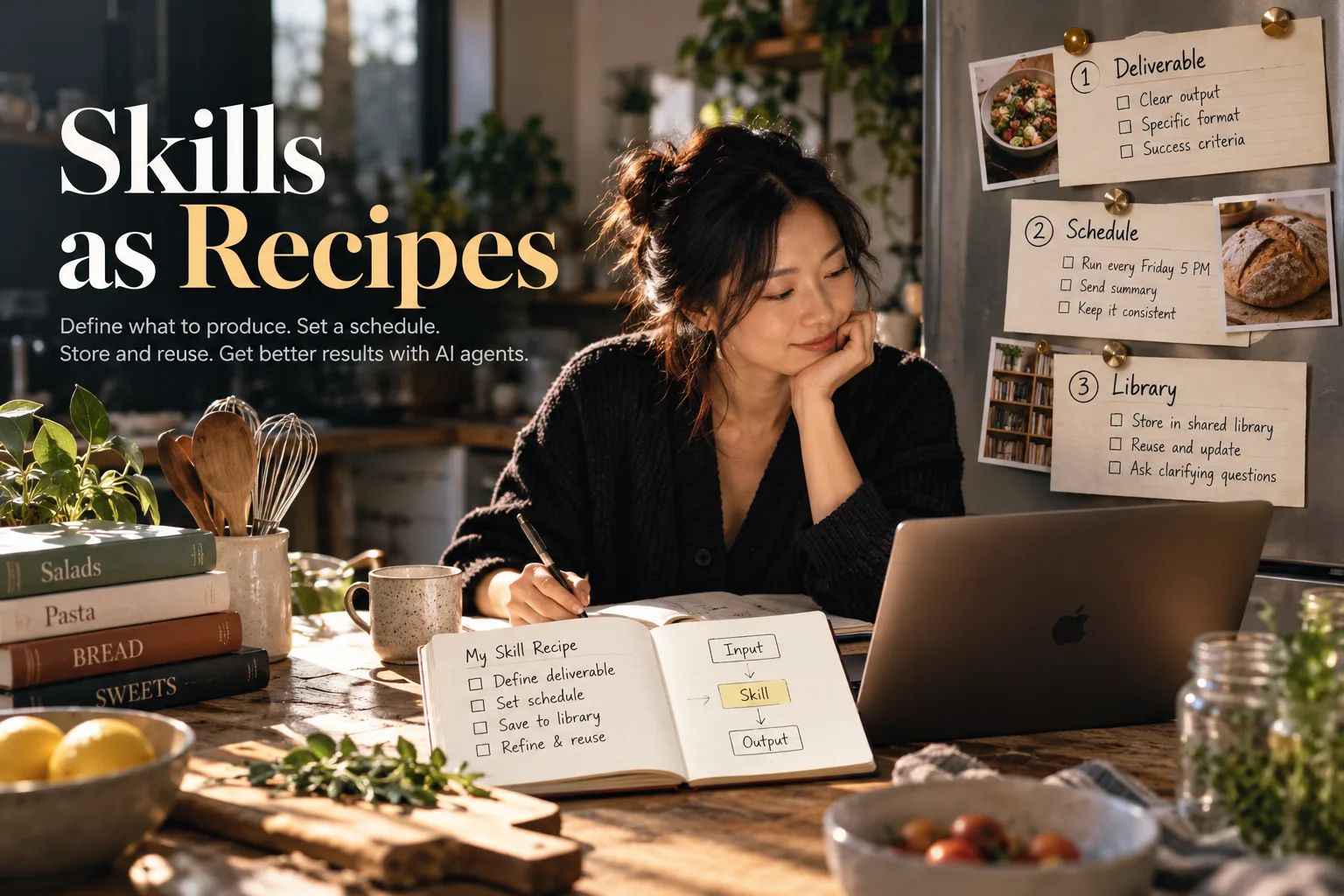 Editorial illustration of a workspace with a skill recipe, reusable steps, and scheduled work.